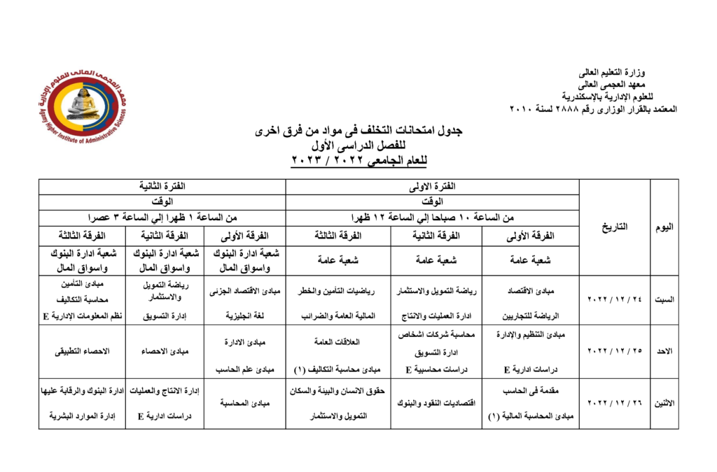 جدول امتحانات ( التخلف ) للفصل الدراسي الأول  للعام الجامعى ٢٠٢٢ / ٢٠٢٣