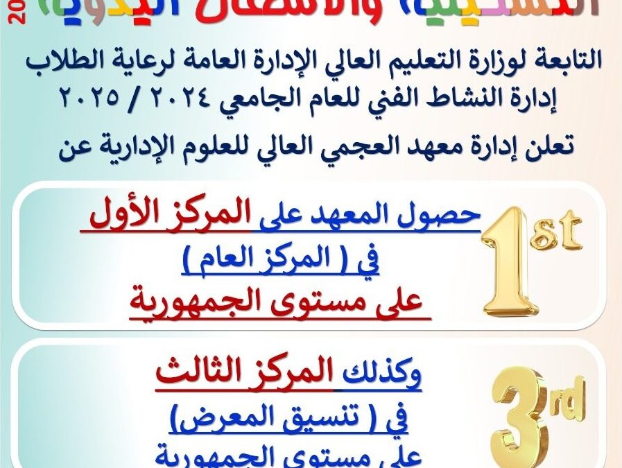＊ حصول معهد العجمى العالى للعلوم الإدارية على المركز الأول في（ المركز العام ）على مستوى الجمهورية ＊ وكذلك المركز الثالث في（ تنسيق المعرض ）على مستوى الجمهورية